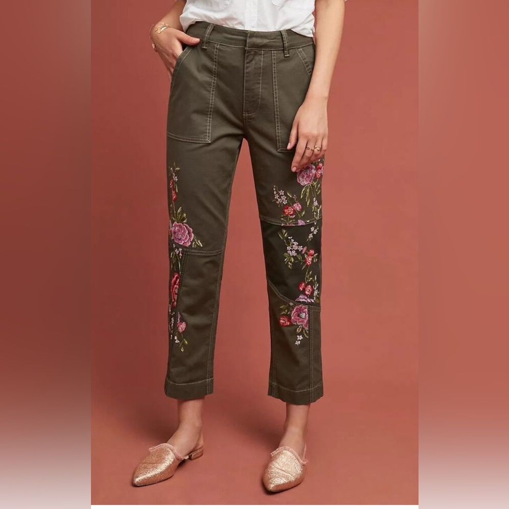 Anthropologie Floral Embroidered utility Pants